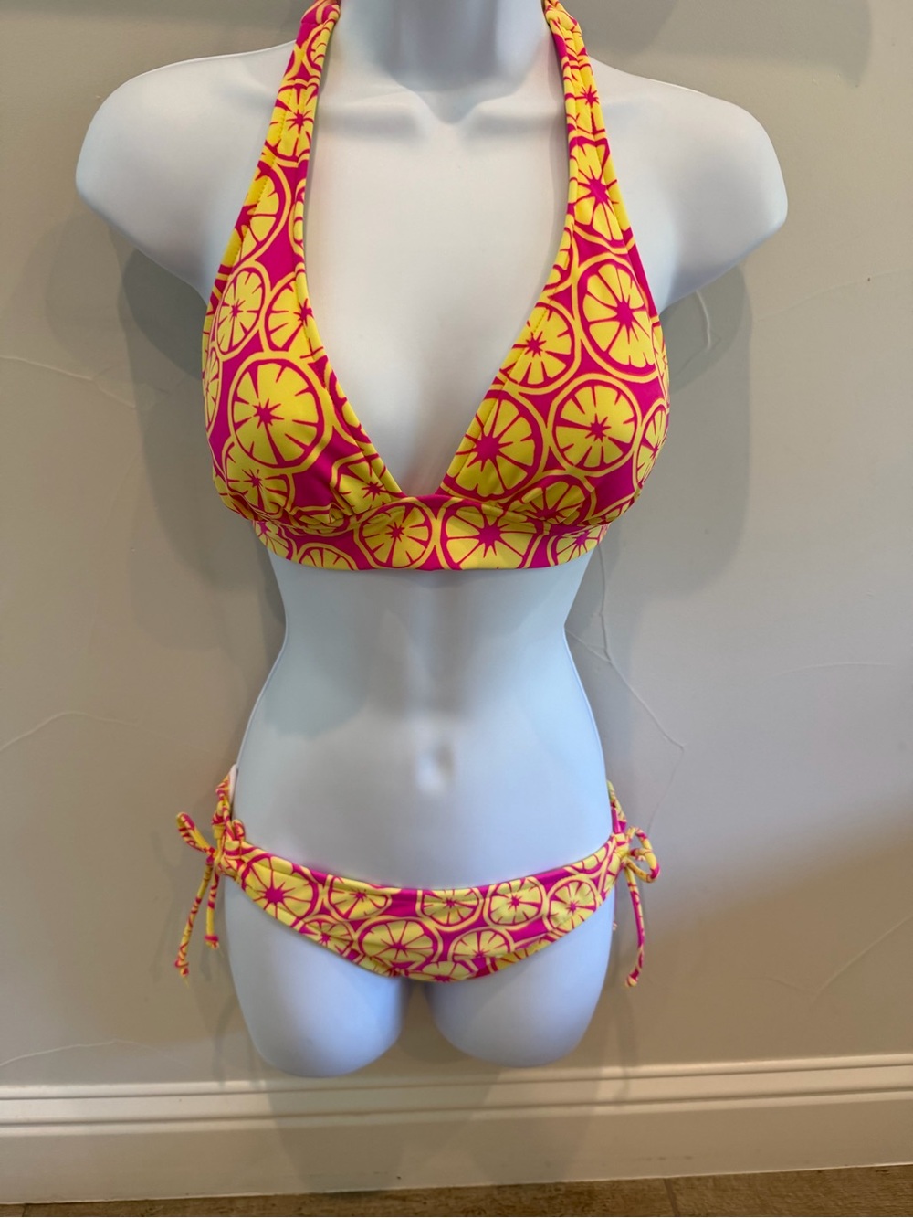 Xhilaration Size S Pink Yellow Citrus Print Halter Bikini Set Citrus Print